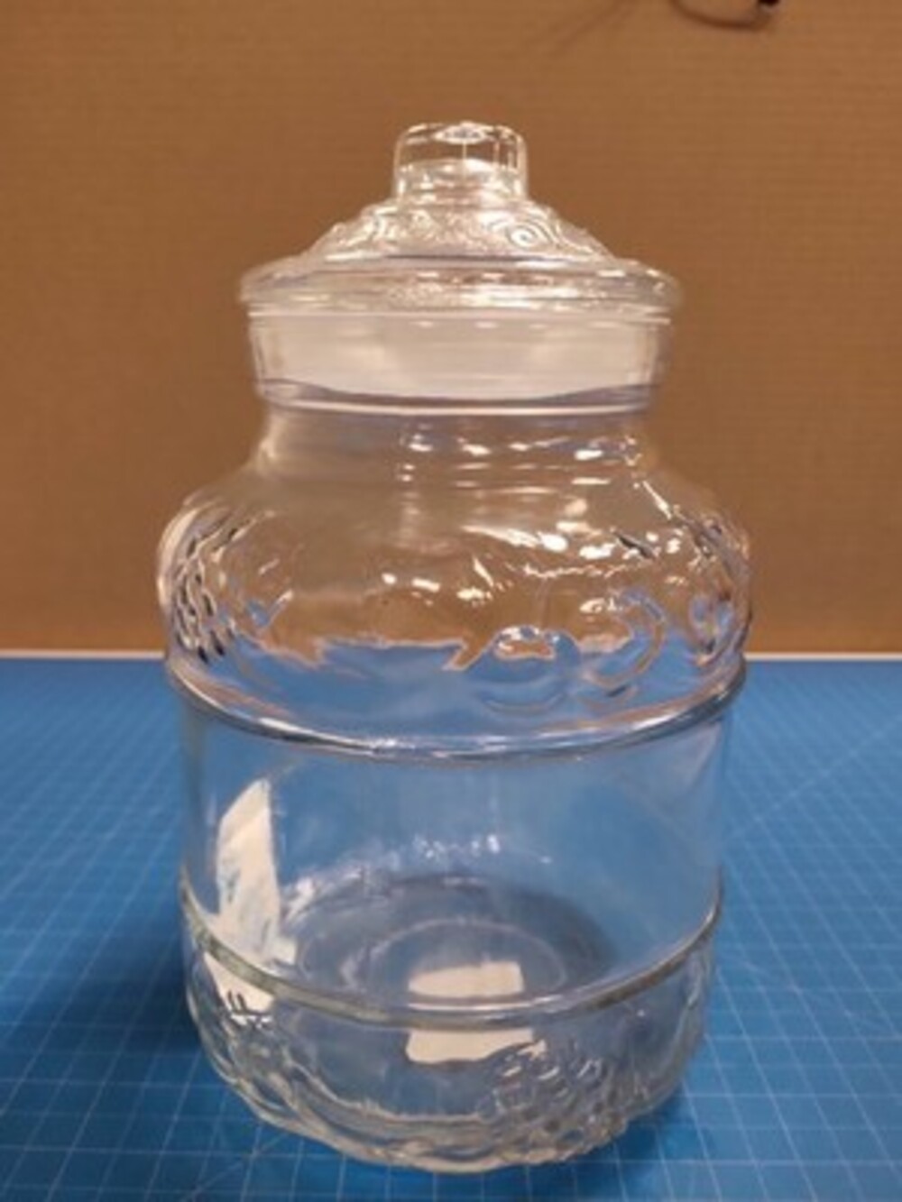 Vintage Clear Glass Jar Lid Embossed Design Kitchen Storage Container Decor 9.5"